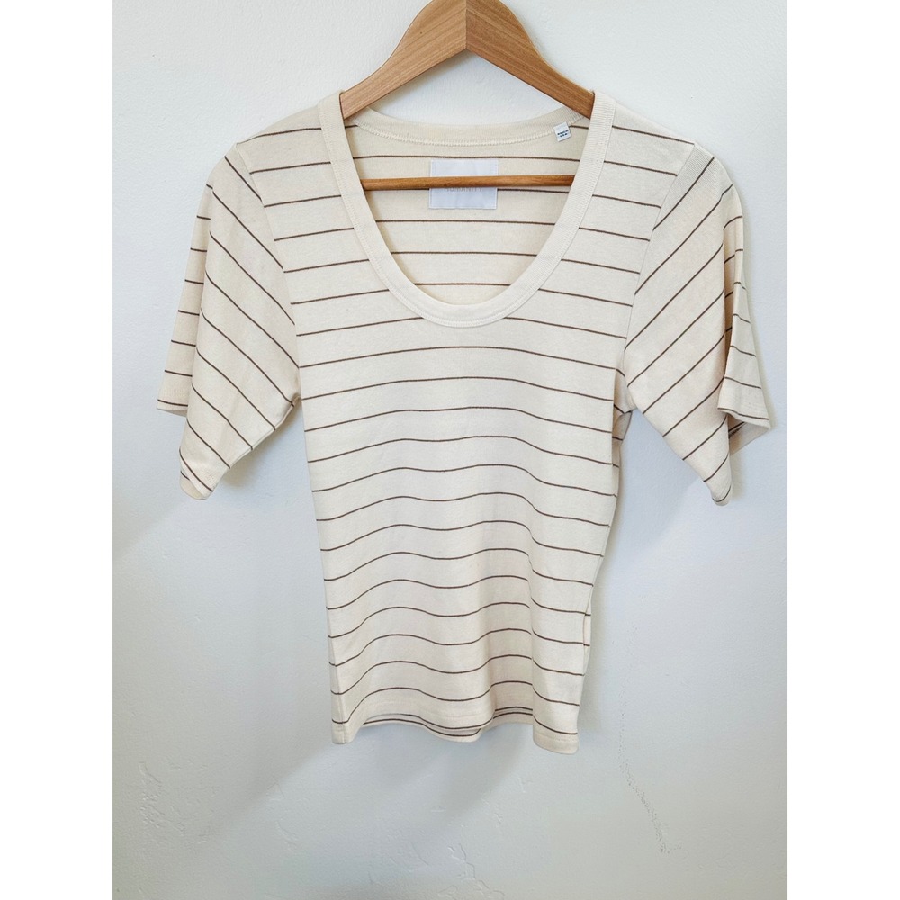 Citizens of Humanity Scoop Neck Tee Size S Ribbed Striped Tee Cream Brown USA